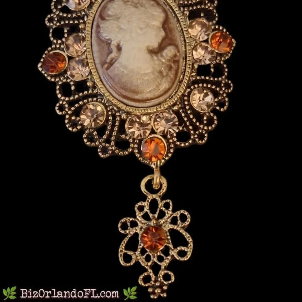Modern Victorian Revival Cameo Brooch Gold Tone Amber Rhinestone Dangle Pin